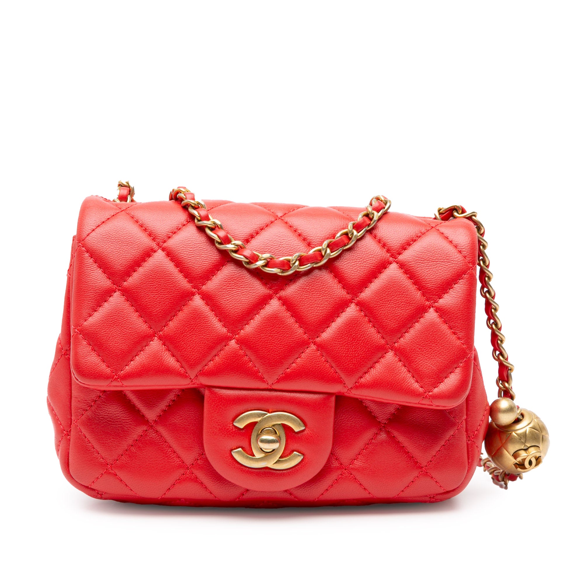 Chanel | Pre-Owned Mini Square Classic Lambskin Pearl Crush Single Flap | Red