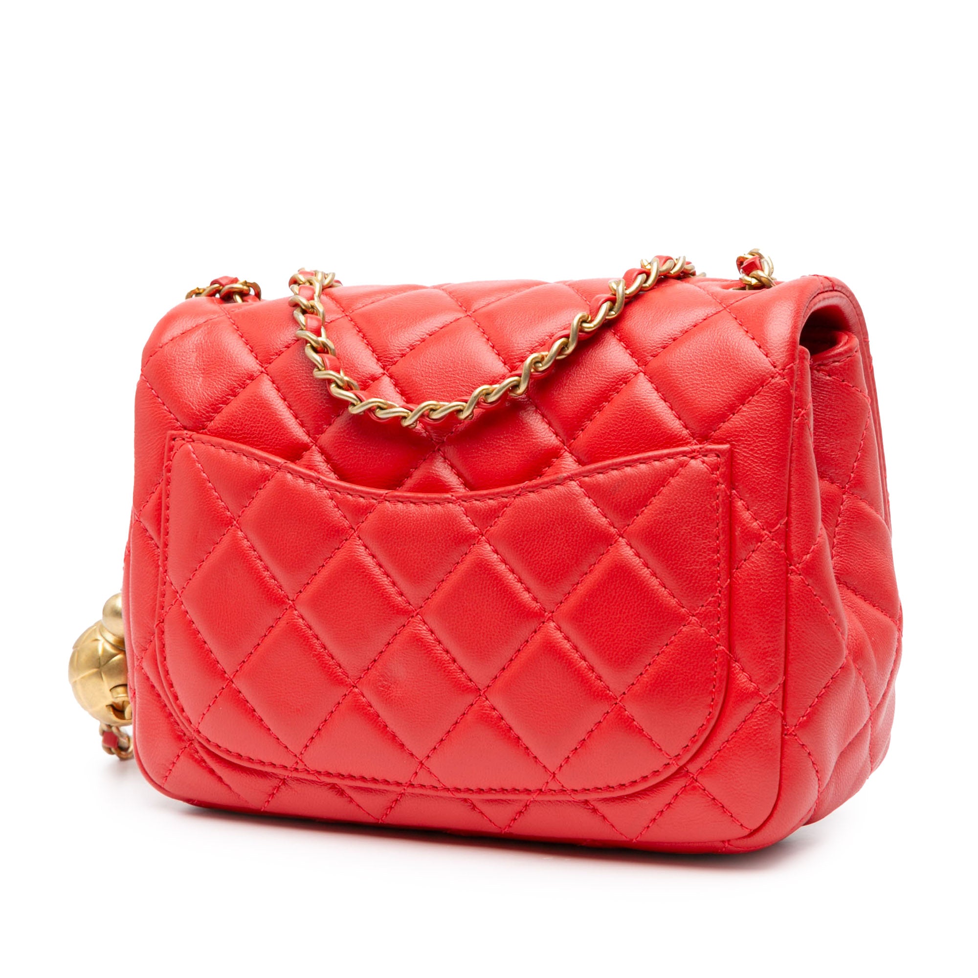 Chanel | Pre-Owned Mini Square Classic Lambskin Pearl Crush Single Flap | Red