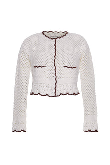Alma Cardigan | Ivory Coffee Scallop Trim
