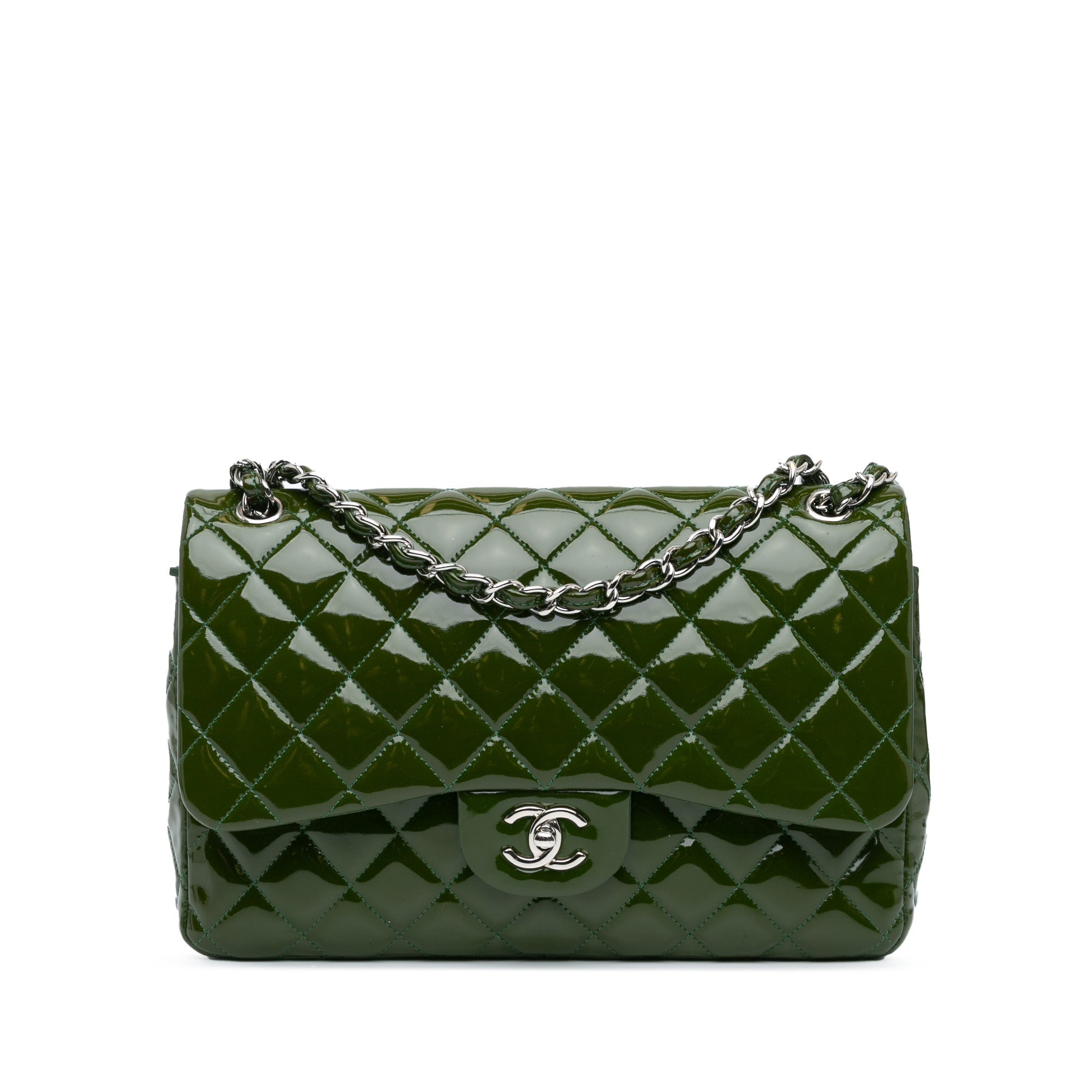 Chanel | Pre-Owned Jumbo Classic Patent Double Flap | Green/Olive Green