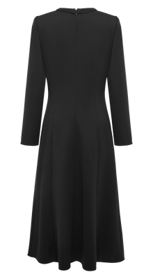 V-Neck Waist-Cinching A-Line Mid-Length Dress | Black