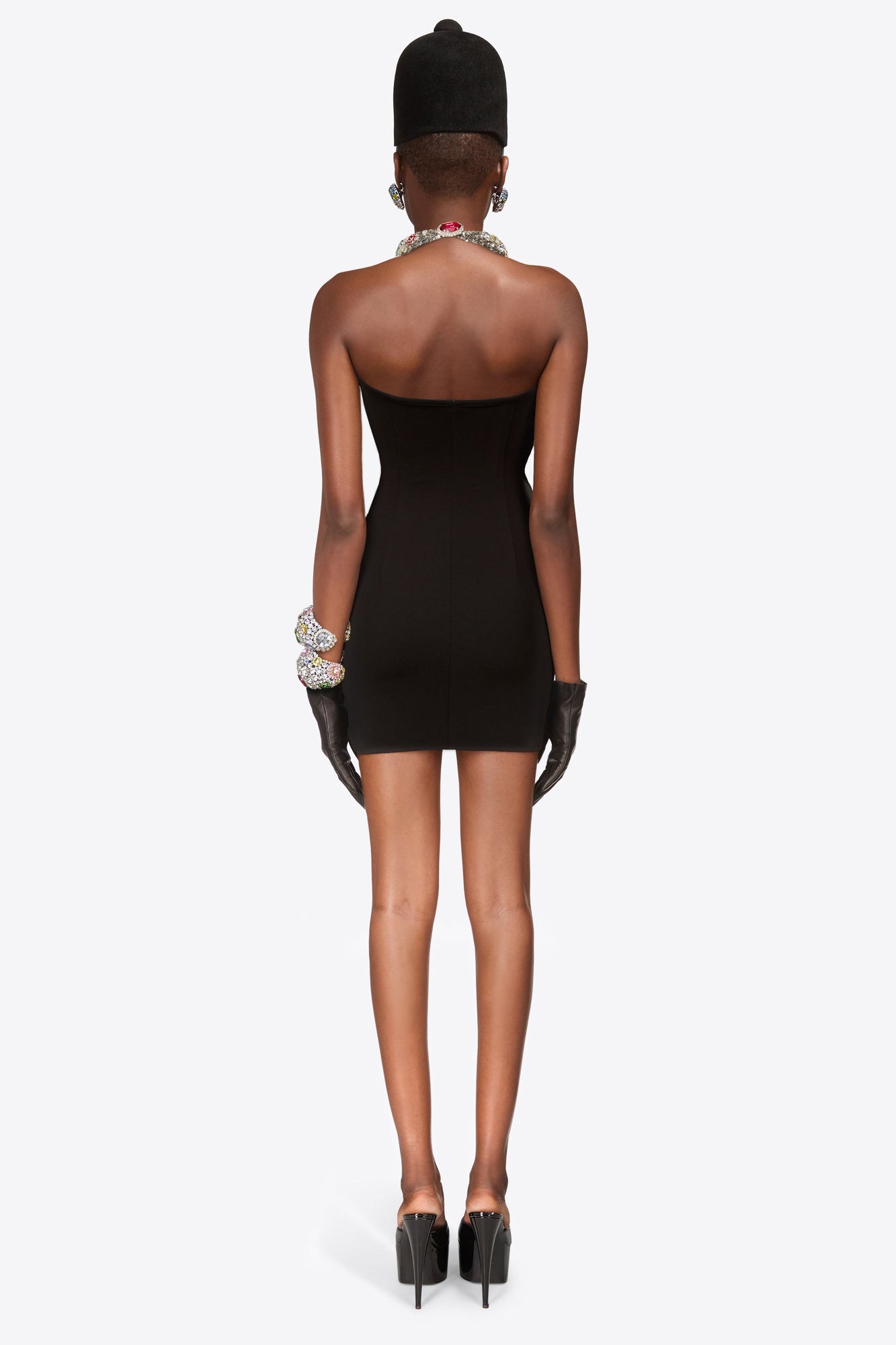 Crystal Gemstone Cluster Halter Mini Dress | Black