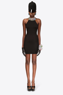 Crystal Gemstone Cluster Halter Mini Dress | Black