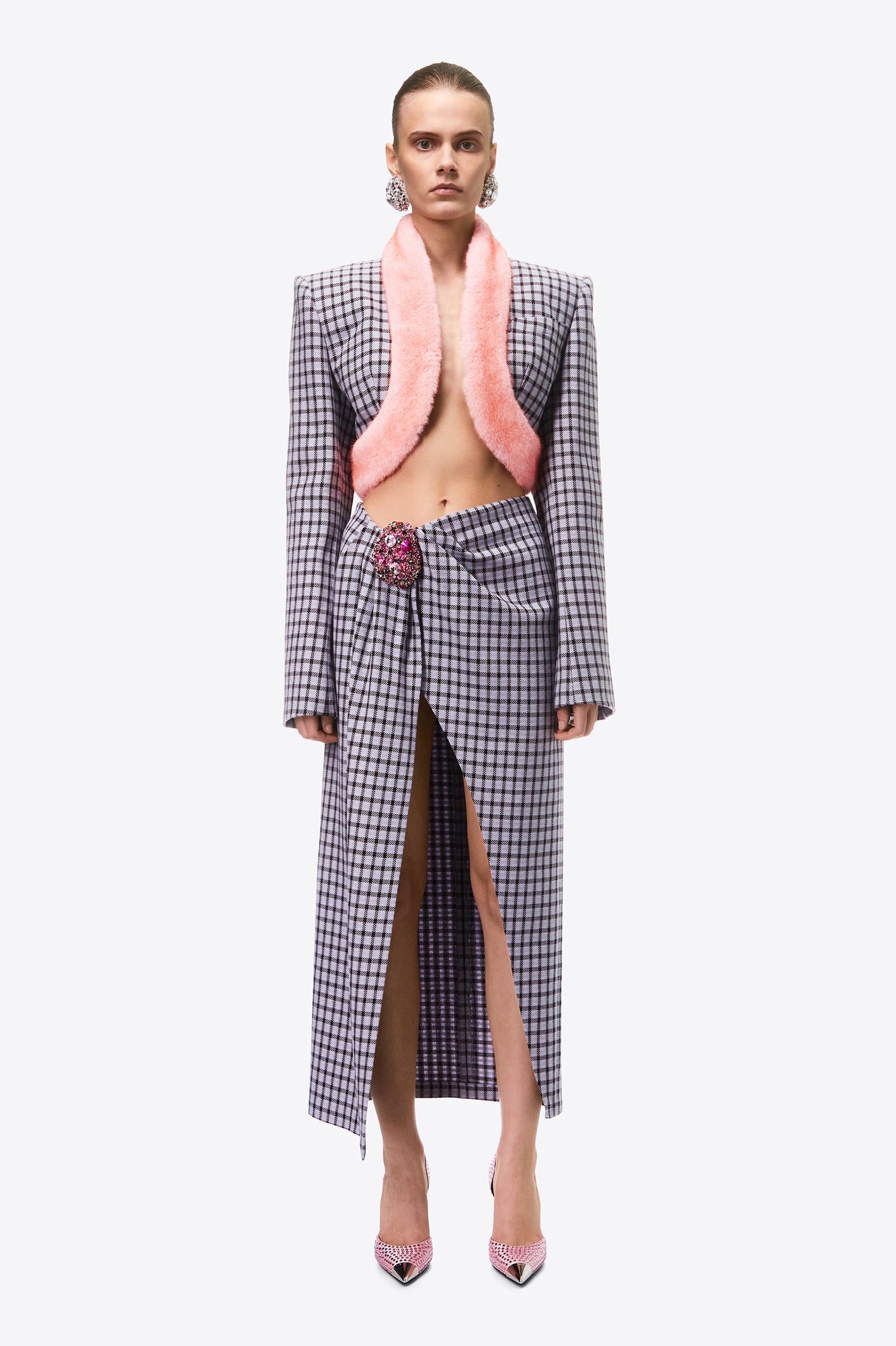 Faux Fur Trim Cropped Blazer | Lilac Multi