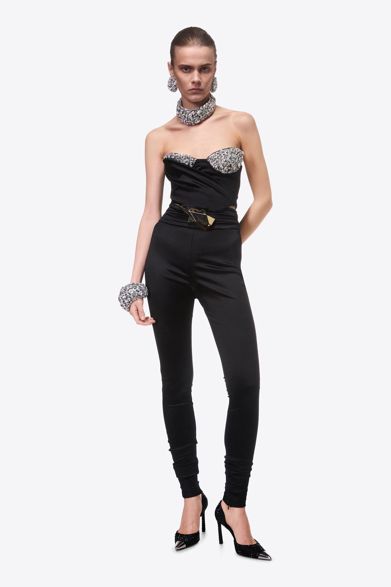 Embroidered Crystal Cup Draped Bustier | Black