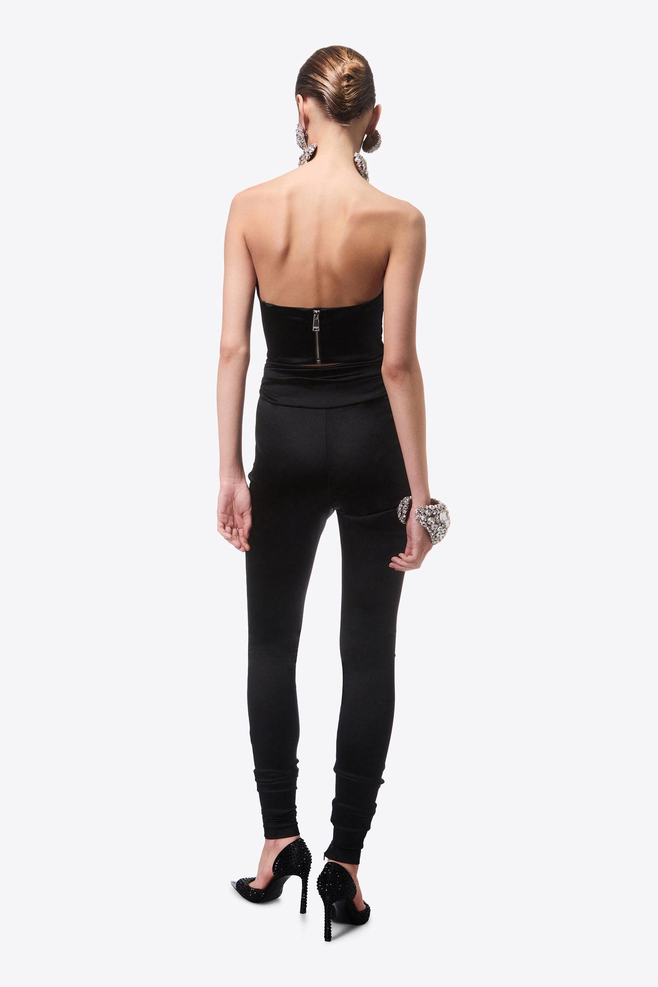 Embroidered Crystal Cup Draped Bustier | Black