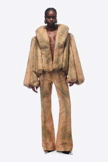 Crystal Button Fur Printed Jeans | Beige Multi