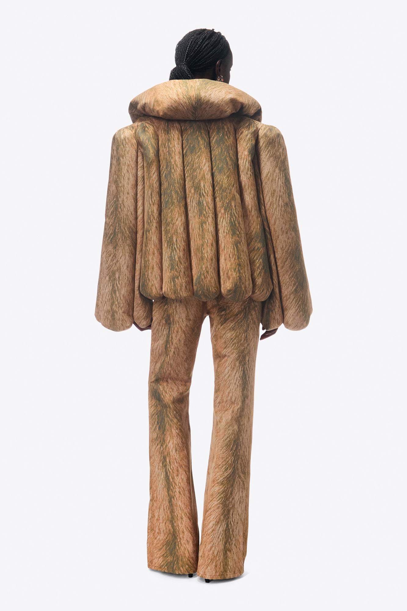 Crystal Button Fur Printed Jeans | Beige Multi