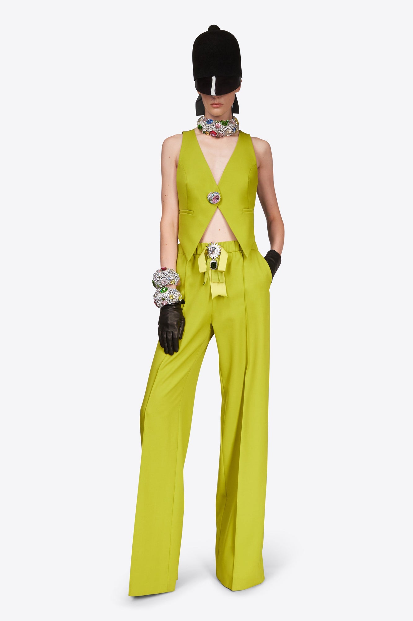 Crystal Embellished Bow Wide Leg Trouser | Chartreuse