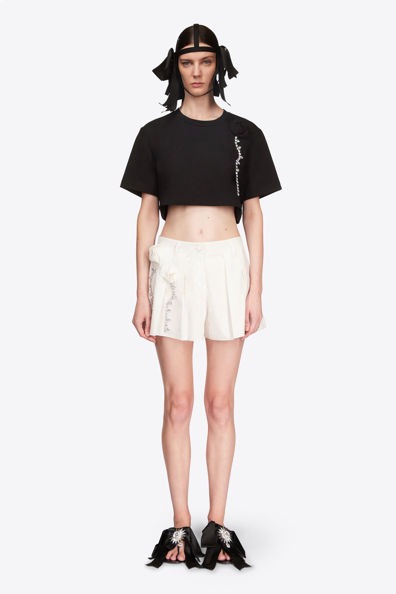 Crystal Rosette Cropped T-Shirt | Black