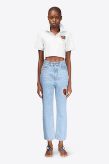 Crystal Heart Cutout Cropped Polo | White