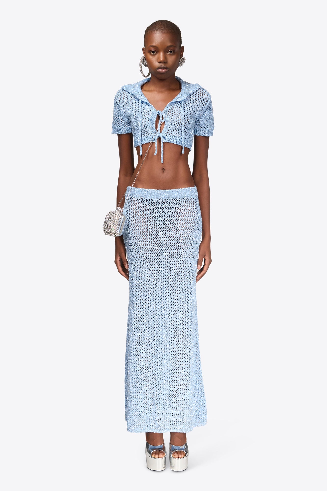 Sequin Crochet Maxi Skirt | Light Blue