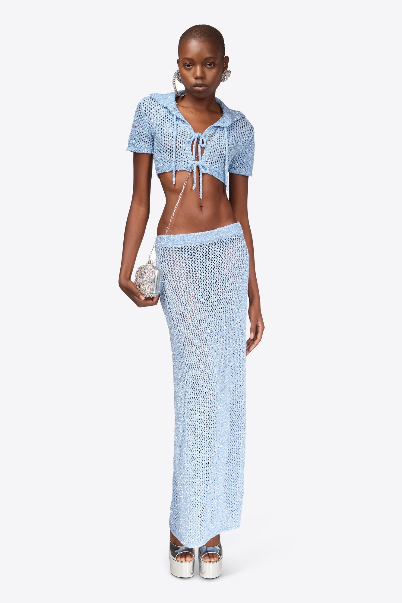 Sequin Crochet Maxi Skirt | Light Blue