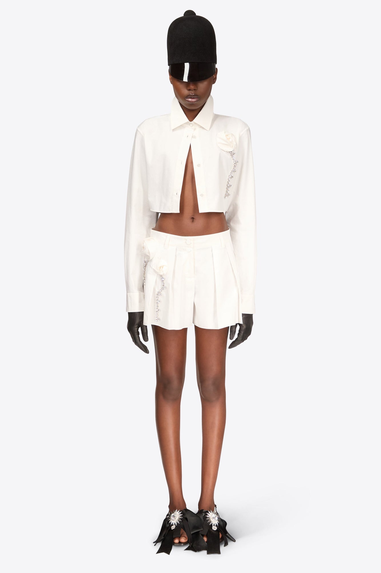 Crystal Rosette Poplin Cropped Shirt | Off White