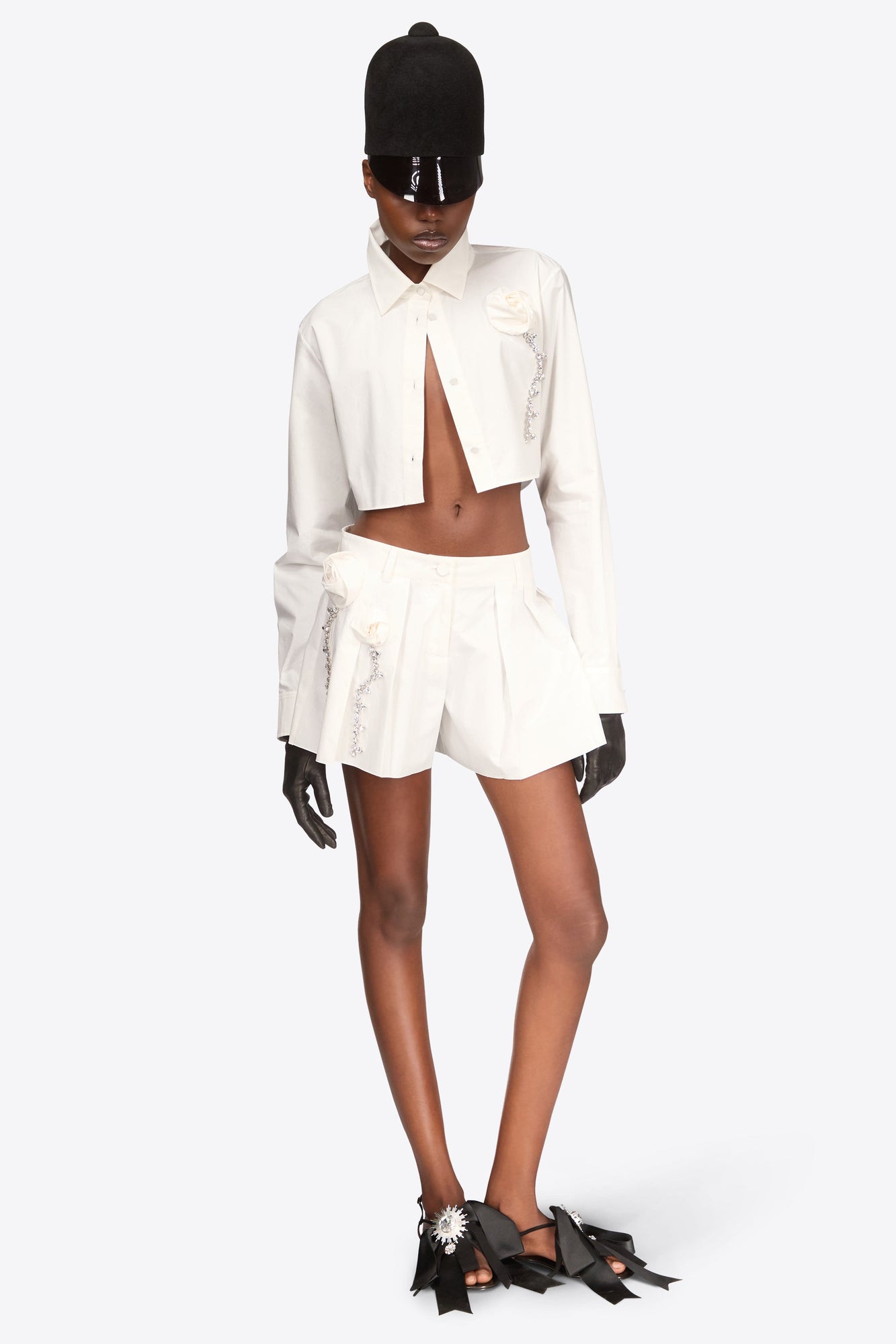 Crystal Rosette Poplin Cropped Shirt | Off White