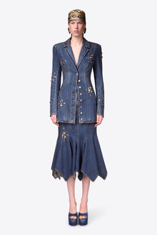 Crystal Button Studded Blazer Dress | Dark Blue
