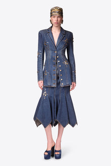 Crystal Button Studded Blazer Dress | Dark Blue