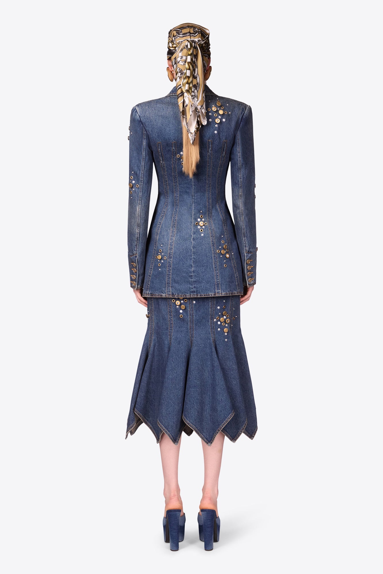 Crystal Button Studded Blazer Dress | Dark Blue