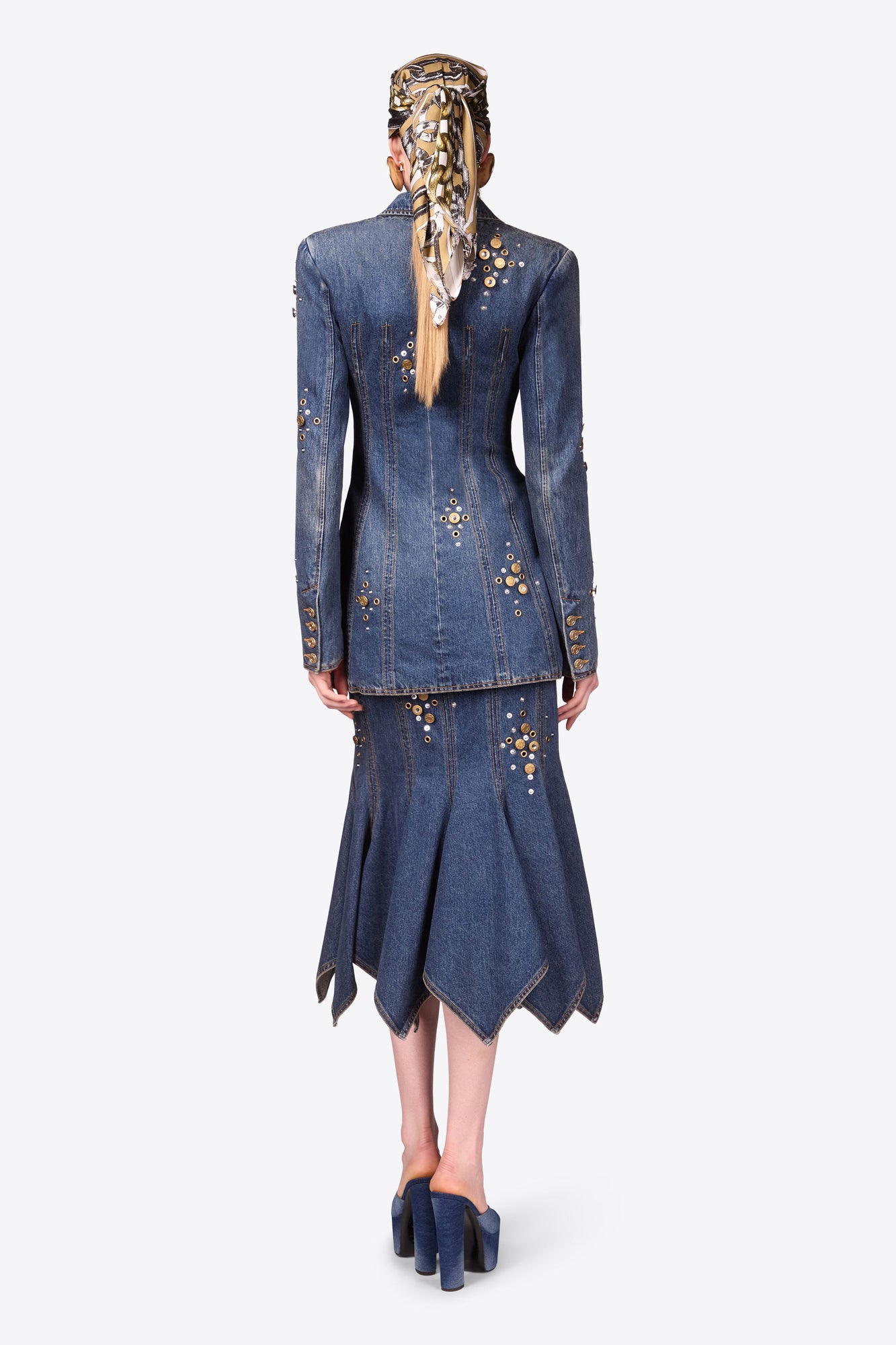 Crystal Button Studded Blazer Dress | Dark Blue