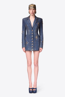 Crystal Button Studded Blazer Dress | Dark Blue