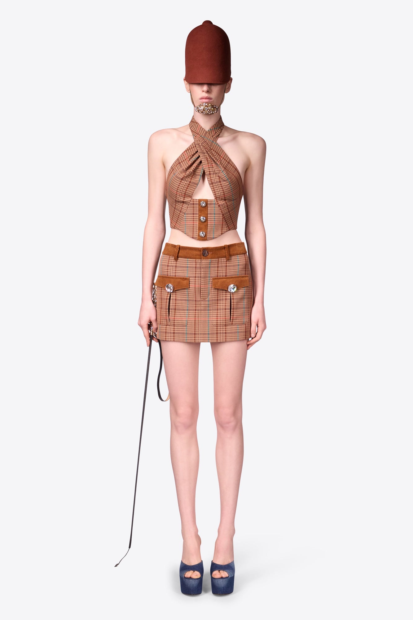 Crystal Button Checked Mini Skirt | Caramel Multi