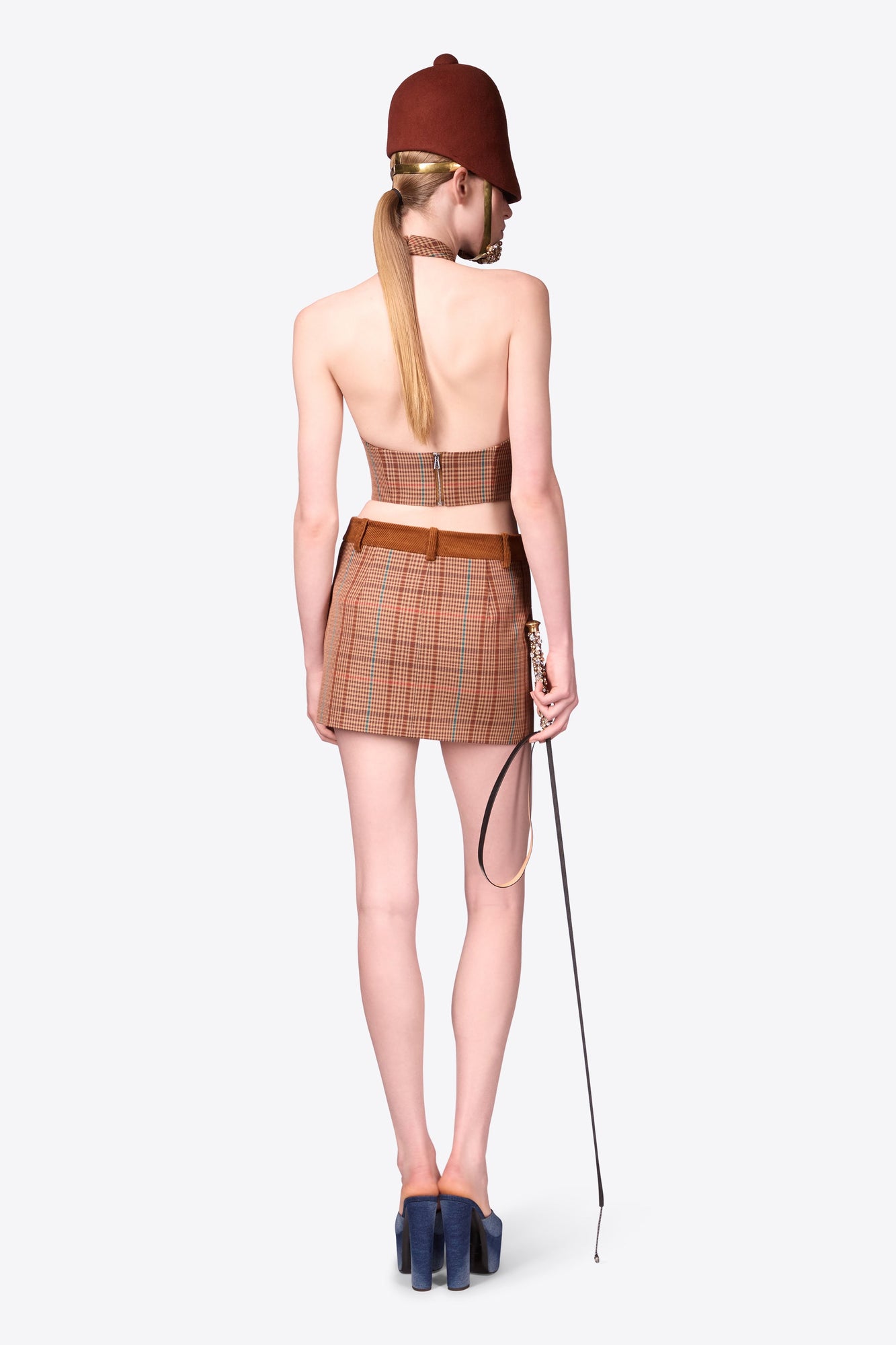 Crystal Button Checked Mini Skirt | Caramel Multi
