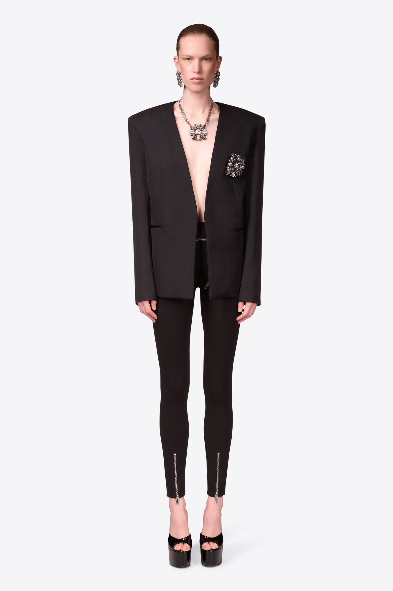 Crystal Brooch Collarless Blazer | Black