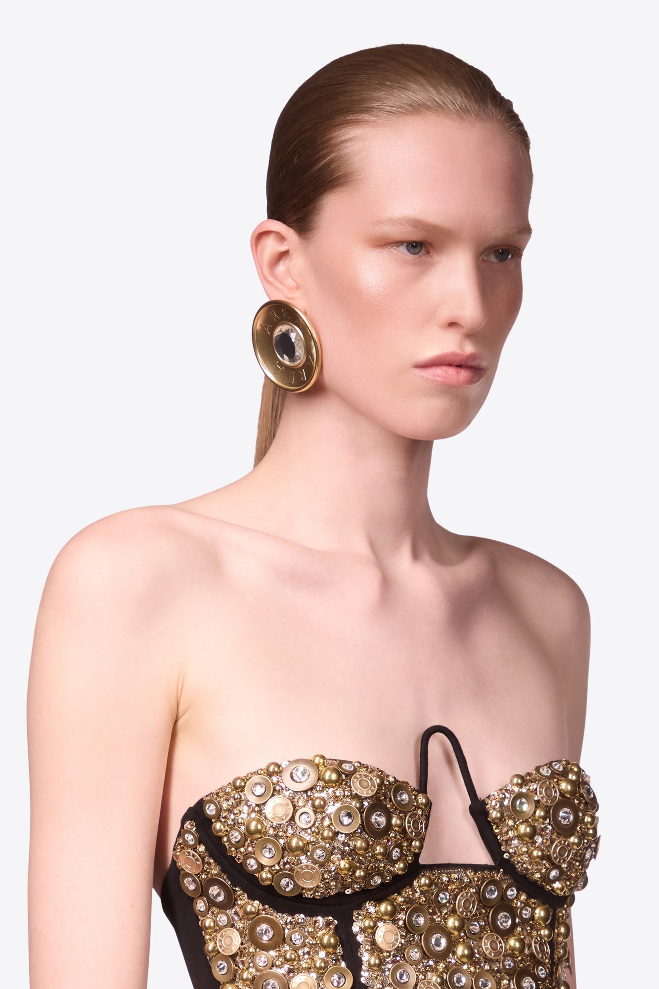 Clear Crystal Glass | Button Stud Earrings | Antique Gold