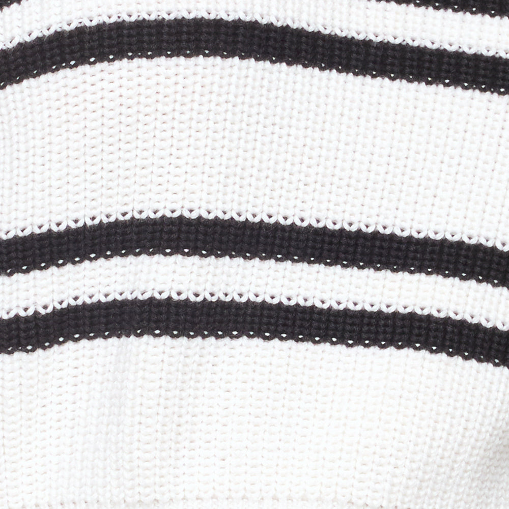 Fabric swatch for the LSPACE Ultra Stripe Sweater in black-white, showing the bold black and white horizontal stripe pattern and ribbed knit texture.