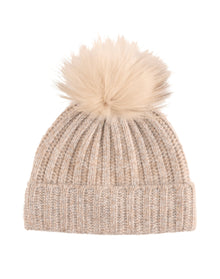 Amicale Cashmere | Women | Cashmere Marl Ladderstitch Fox Pom Hat | Oatmeal