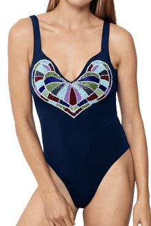 Amor Hand - Beaded Embellished One - Piece Swimsuit - Navy - Self - Adore