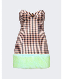 Area | Women | Faux Fur Trim Strapless Mini Dress | Caramel