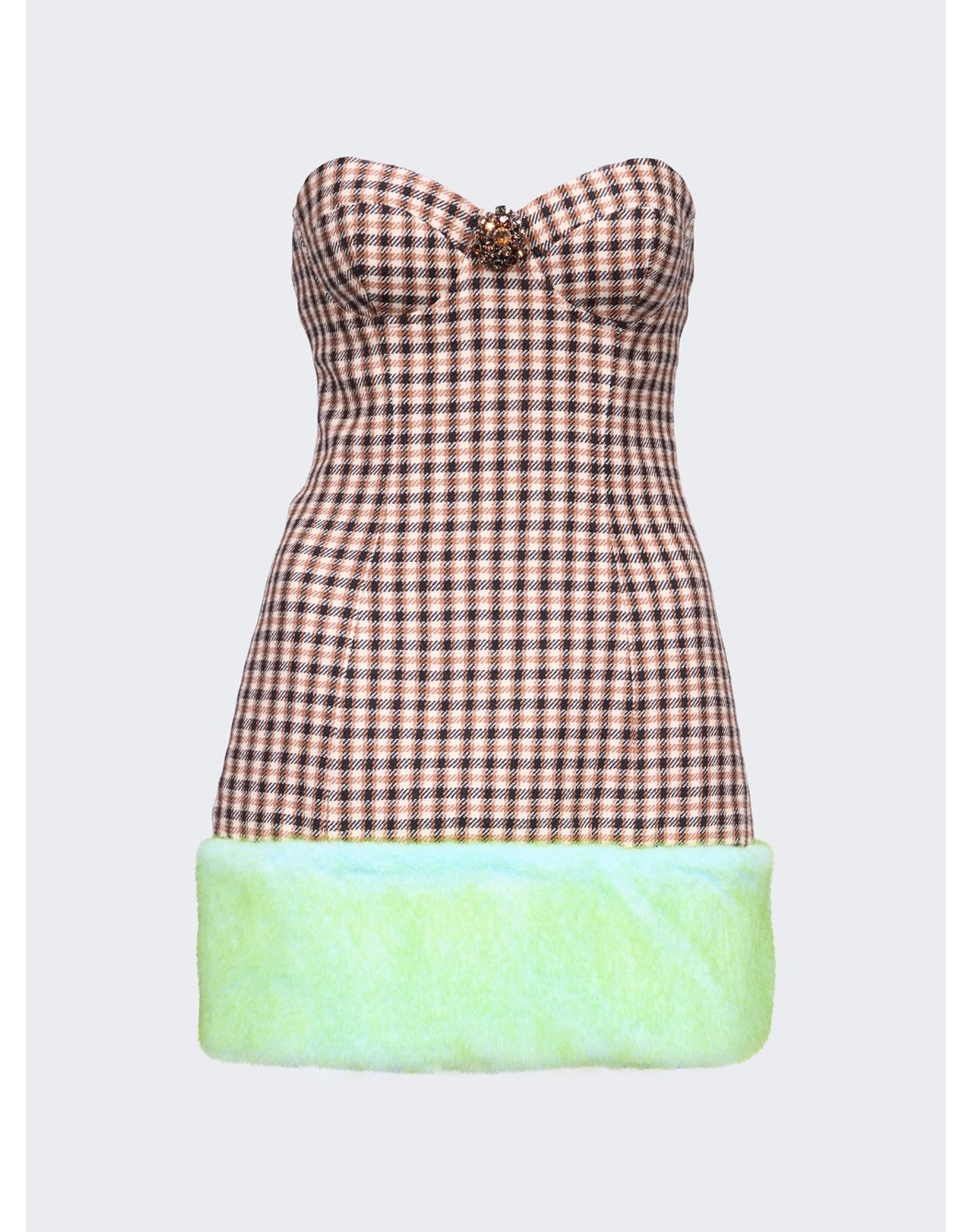 Area | Women | Faux Fur Trim Strapless Mini Dress | Caramel