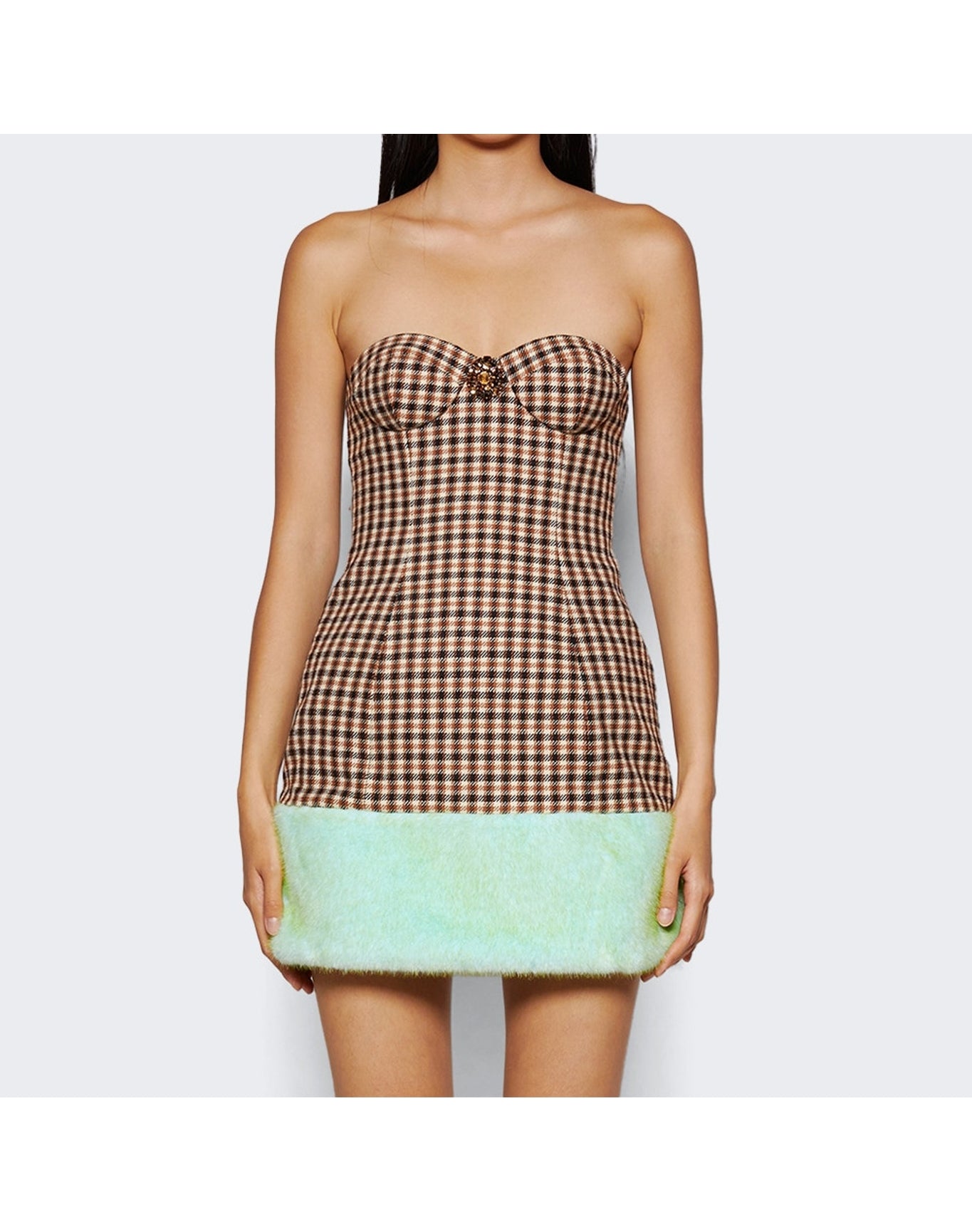 Area | Women | Faux Fur Trim Strapless Mini Dress | Caramel