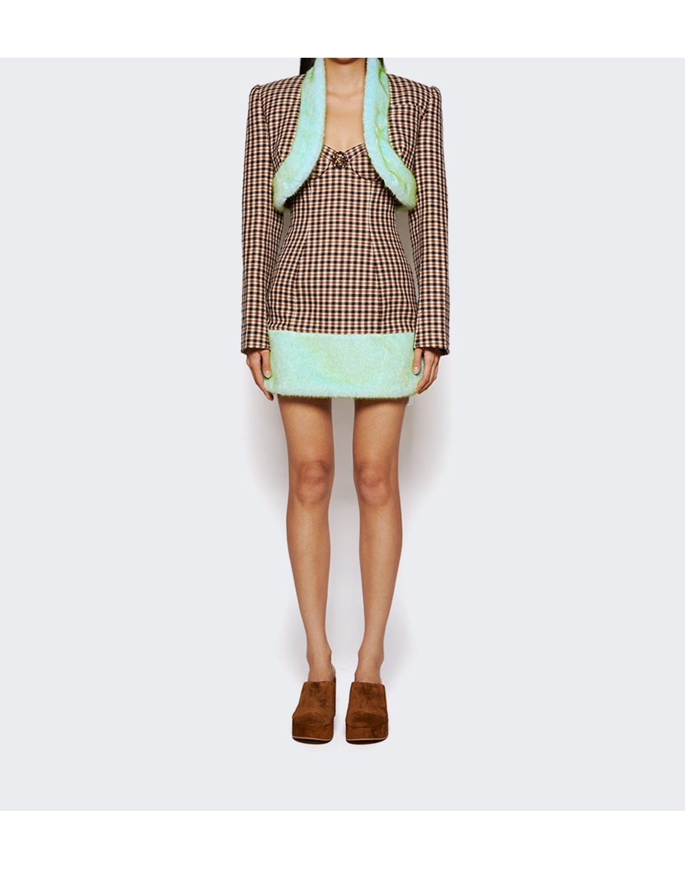 Area | Women | Faux Fur Trim Strapless Mini Dress | Caramel