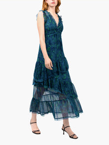 Watercolor Blooms Pleated Chiffon Maxi Dress | Teal