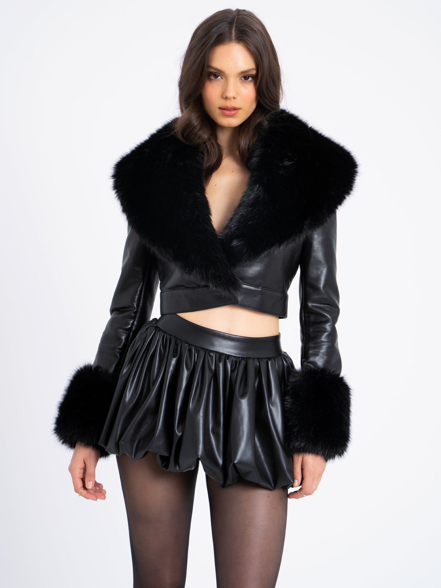 Ziah Cropped Leather Jacket with Fur Collar | Black
