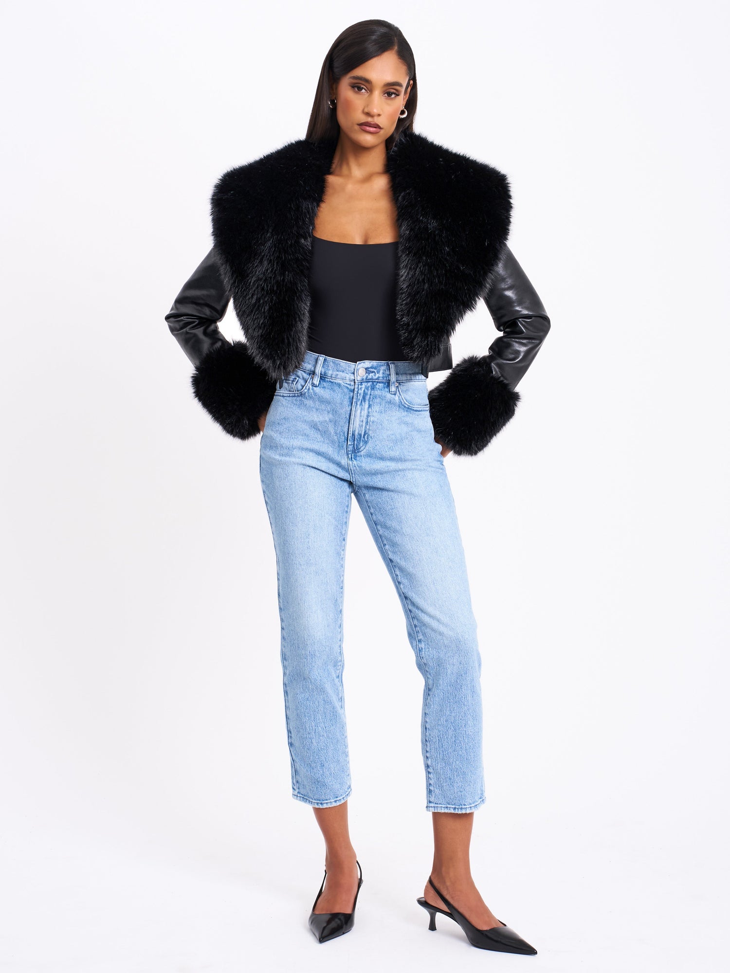 Ziah Cropped Leather Jacket with Fur Collar | Black