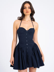 Melody Pinstripe Halter Drop Waist Mini Dress | Navy Blue