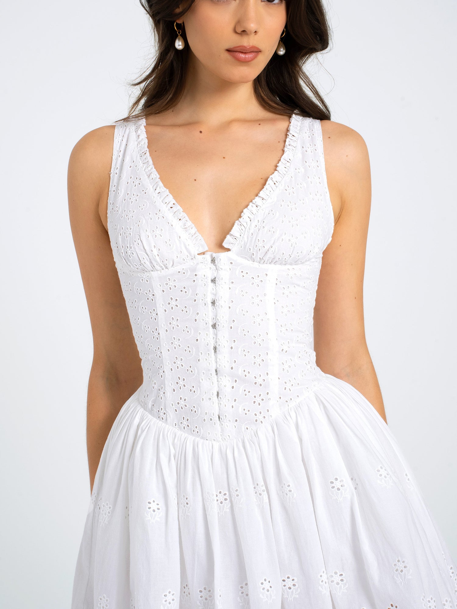Aaliyah Eyelet Plunging Halter Drop Waist Mini Dress | White