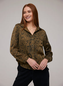 Long Sleeve Rounded Hem Button Down | Olive Snake Print