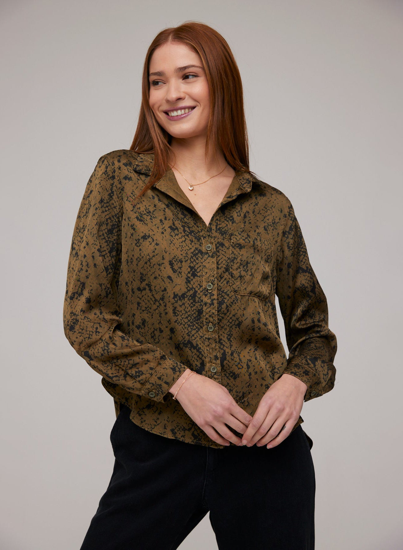Long Sleeve Rounded Hem Button Down | Olive Snake Print