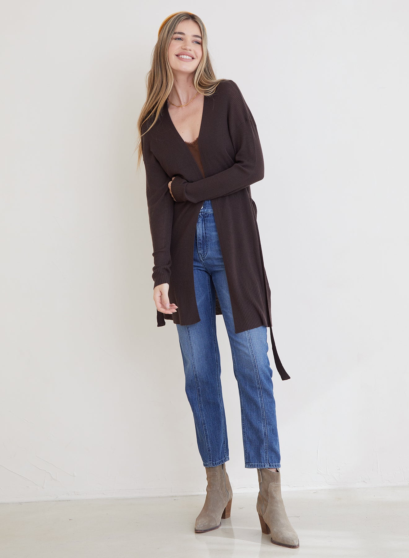 Belted Rib Knit Cardigan | Dark Oak