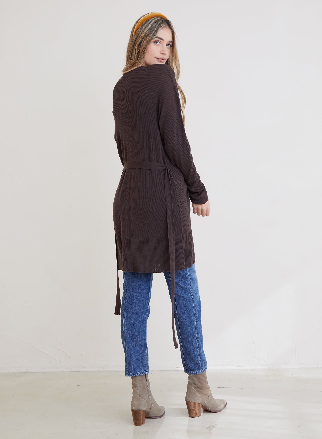 Belted Rib Knit Cardigan | Dark Oak