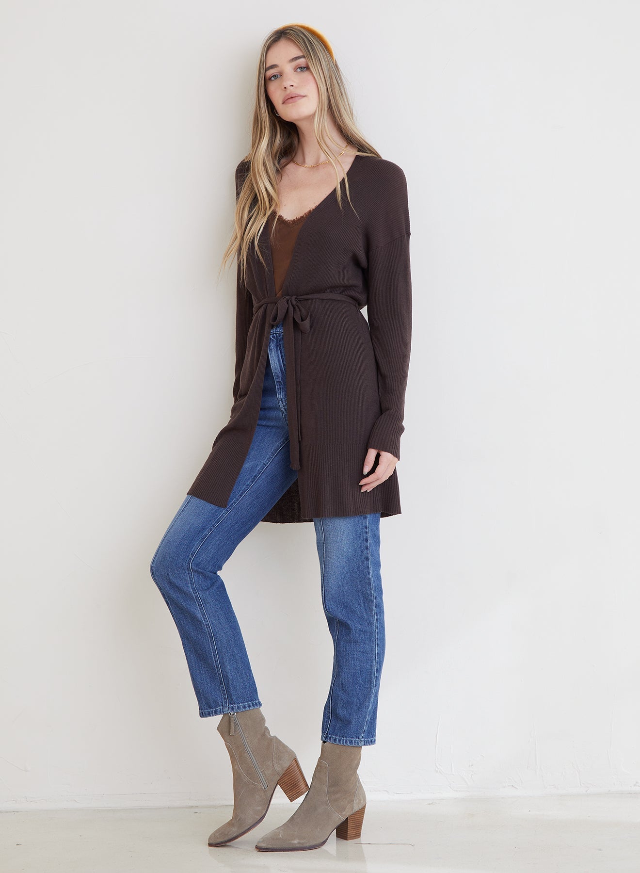 Belted Rib Knit Cardigan | Dark Oak