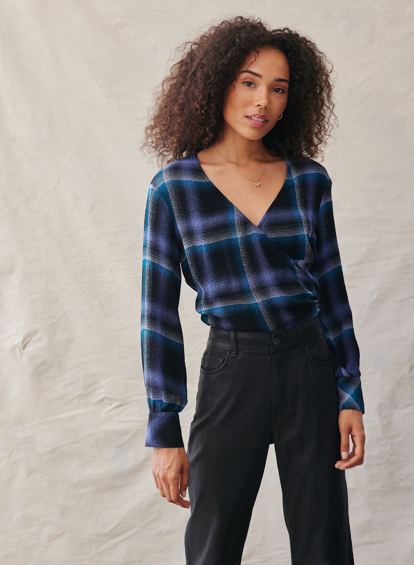 Tie Back Wrap Top - Teal & Violet Plaid