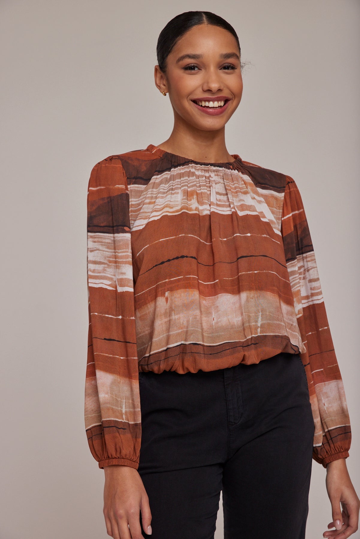 Elastic Shirred Top - Rust Stripes Print