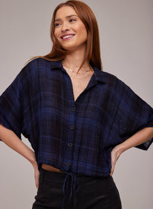 Flowy Tie Waist Shirt | Admiral Blue Plaid