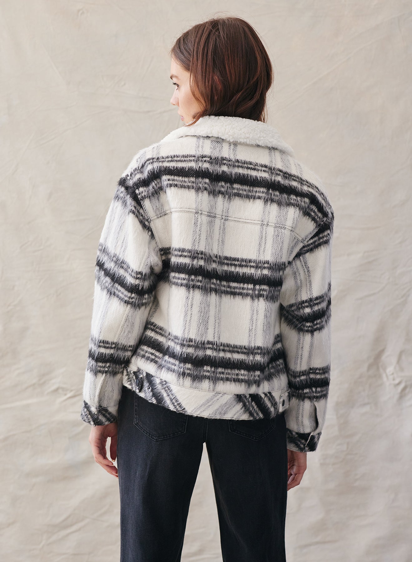 Sherpa Lined Trucker Jacket - White + Black Plaid