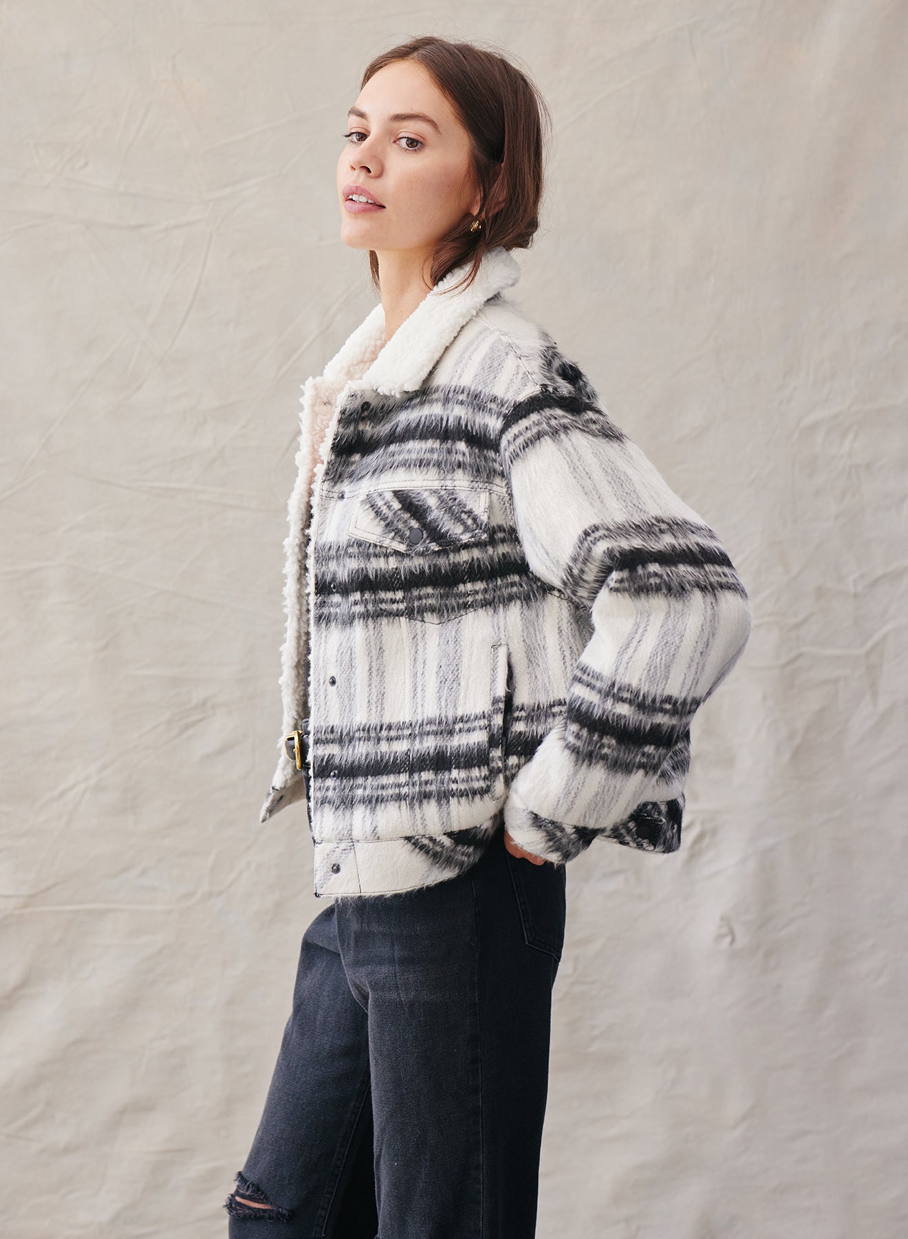 Sherpa Lined Trucker Jacket - White + Black Plaid